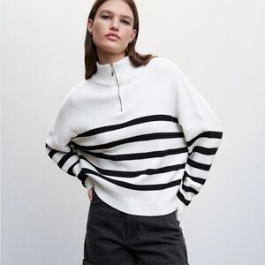 Mango | Black & White Striped Turtleneck Sweater with a half- zip | Small